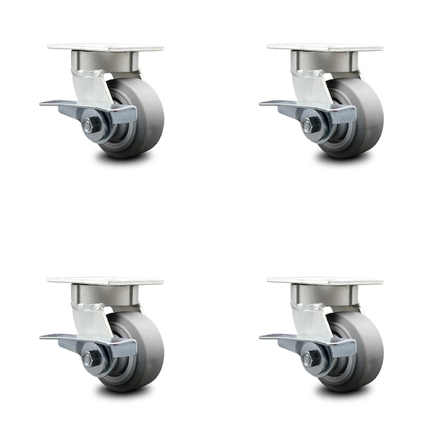 4 Inch Kingpinless Thermoplastic Rubber Wheel Swivel Caster Set with Brakes SCC
